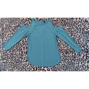 Ann Taylor Shirt Womens Small Petite Green Long Sleeve Cold Shoulder Round Neck
